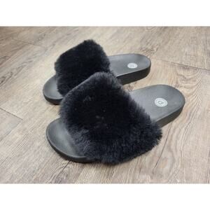 Pure Barre Faux Fur Slides- Black Fuzzy Slip On Shoes Size 6
